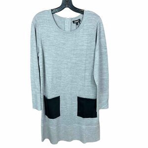 DKNY Dress Tunic Sweater Crew Neck Grey Black Faux Leather Pockets Zipper Large